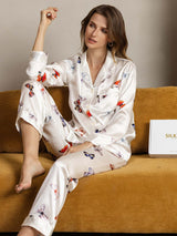 [White Butterfly] SilkSilky  Long Sleeve Lapel Collar Women's Pajamas 003