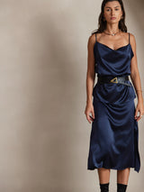[Dark Blue] SilkSilky  19Momme Stretch Silk Charmeuse Spaghetti Strap Cowl Neck Camisole Top 003
