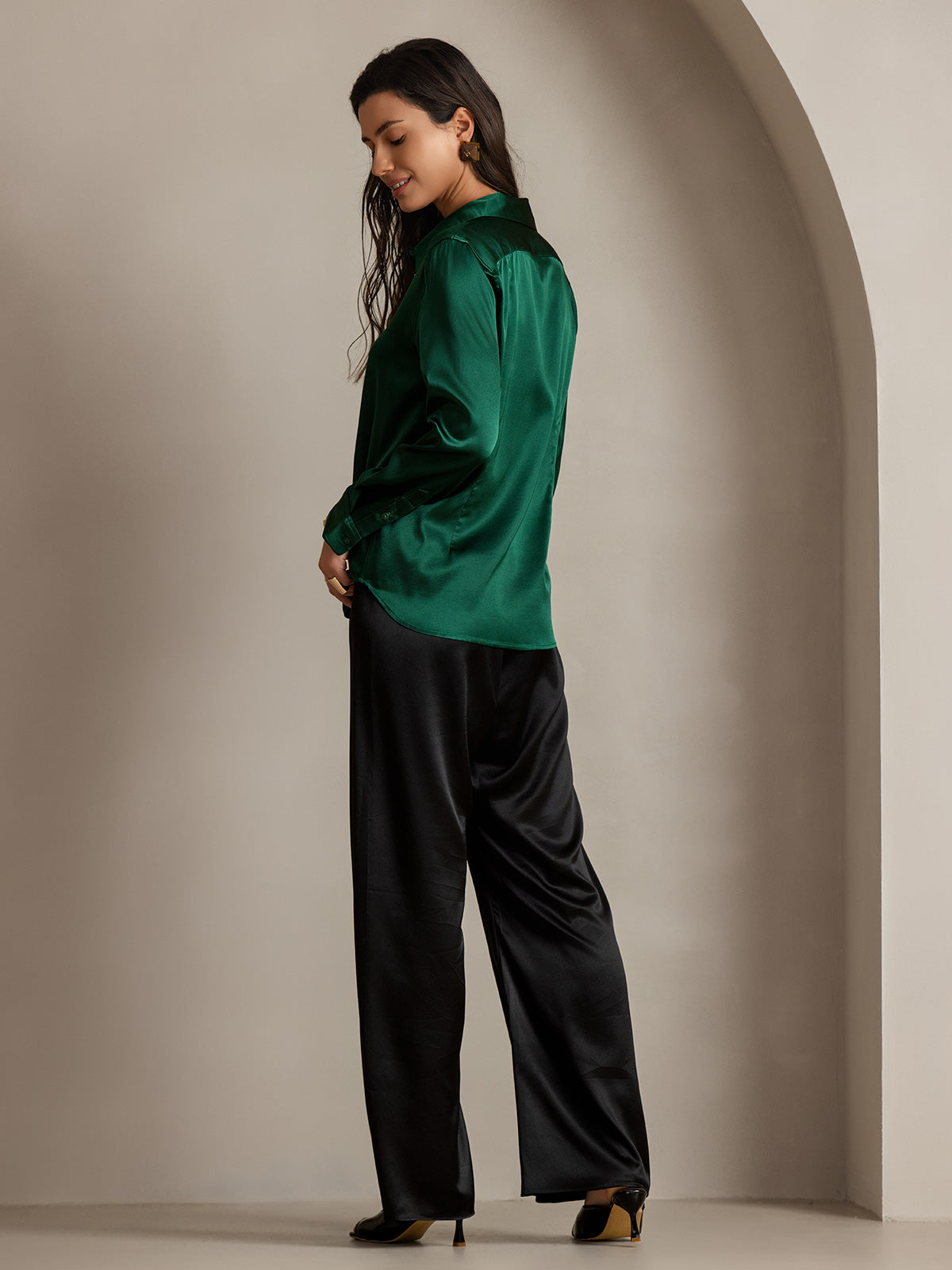 [Dark Green] SilkSilky  Long Sleeve Lapel Collar Women's Shirts 002