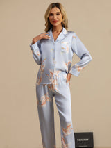 [Light Blue] SilkSilky  19Momme Long Sleeve Notch Collar Women's Pajamas 004