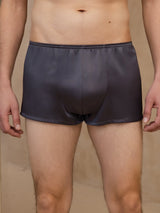 Men's charcoal silk boxer briefs with elastic waistband and smooth mid-rise fit