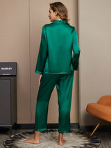 [Green] SilkSilky  Long Sleeve Lapel Collar Women's Pajamas 002