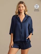 Navy washable silk notch collar pajama set with short sleeves and side pockets