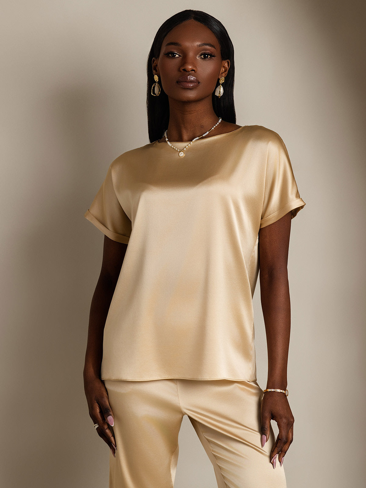 [Champagne] SilkSilky  Short Sleeve Boat Neck Women's T-Shirt 001