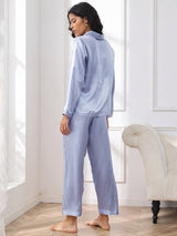[Steel Blue] SilkSilky  Long Sleeve Lapel Collar Women's Pajamas 002