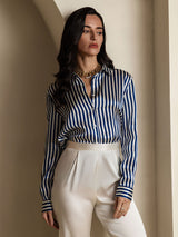 [Navy Stripe] SilkSilky  Long Sleeve Lapel Collar Women's Shirt 006