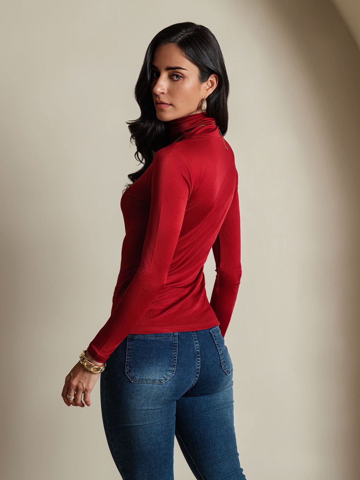 [Wine] SilkSilky  Long Sleeve Turtle Neck Women's T-Shirt 002