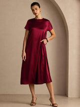[Dark Red] SilkSilky  Short Sleeve Crew Neck Dress 006