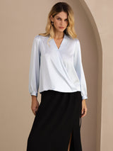 [Light Blue] SilkSilky Long Sleeve Wrap Women's Blouse 001