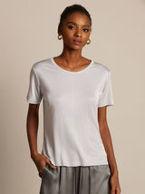 White silk jersey short sleeve round neck women's T-shirt with relaxed fit
