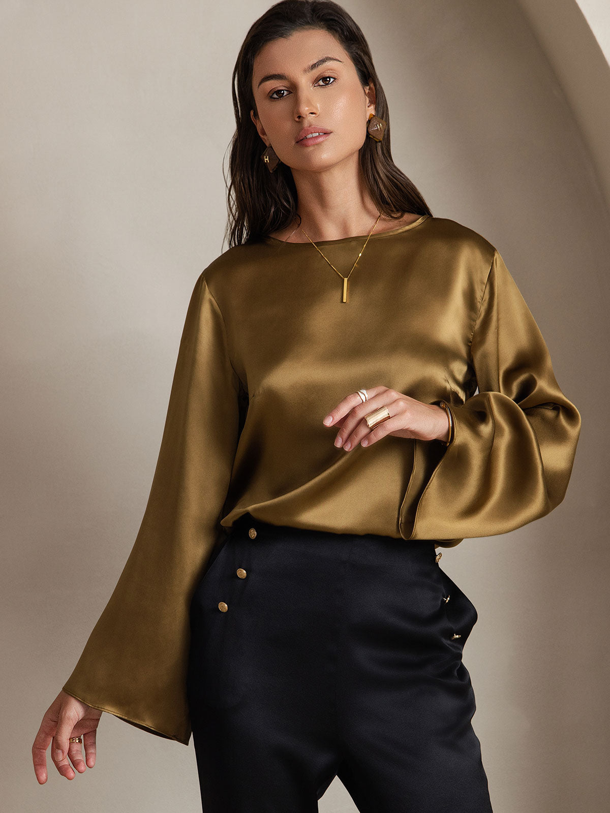 [Brown] SilkSilky  Long Sleeve Boat Neck Women's Blouse 001