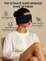 Dark blue silk eye mask on woman, promoting hair-tangle free, moisturizing, and eye-soothing sleep