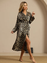 Women’s pure silk leopard print midi robe with tie waist and long sleeves