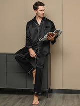 [Black] SilkSilky  Long Sleeve Lapel Collar Men's Pajamas 001
