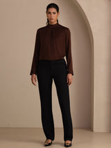 [Tan] SilkSilky Long Sleeve Stand Collar Women's Blouse 007