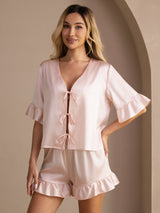 [Pink] SilkSilky  Short Sleeve V Neck Women's Pajamas 003