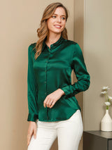 [Dark Green] SilkSilky  Long Sleeve Lapel Collar Women's Shirt 003