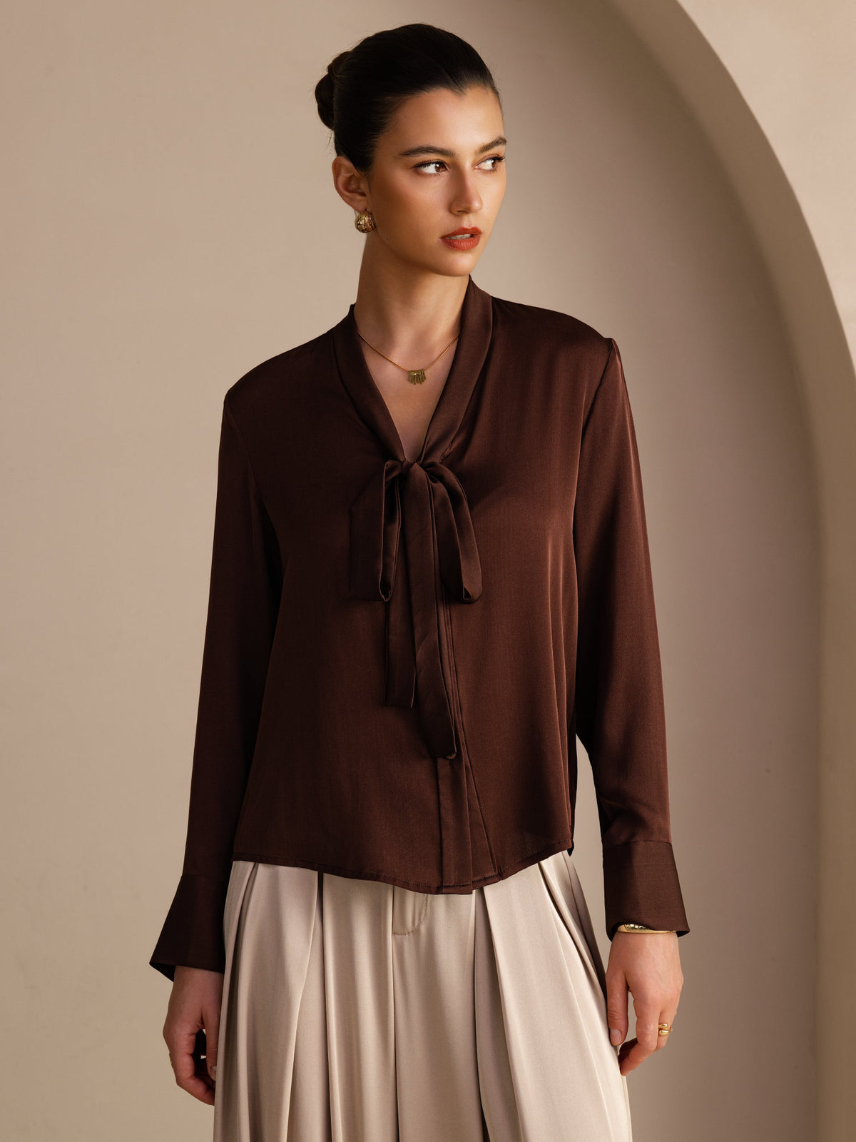 [Bitter Chocolate] SilkSilky Long Sleeve Tie Neck Women's Blouse 001
