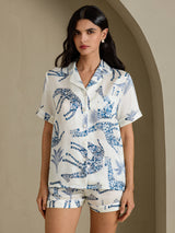 [White Giraffe] SilkSilky Short Sleeve Notch Collar Women's Pajamas 003