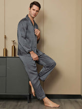 [Navy Ginkgo] SilkSilky  Long Sleeve Lapel Collar Men's Pajamas 006