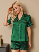 [Green] SilkSilky  Short Sleeve Lapel Collar Women's Pajamas 004