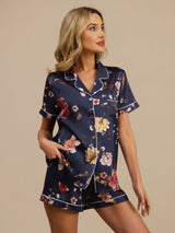 Navy floral print silk pajama set with short-sleeve notch collar and button front