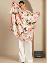 Pink floral 90x90cm mulberry silk square scarf with rose print and pink trim