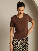[Coffee] SilkSilky  Short Sleeve V Neck Women's T-Shirt 003