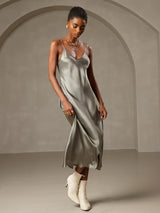 [Grayish Green] SilkSilky  Spaghetti Strap V Neck Dress 006