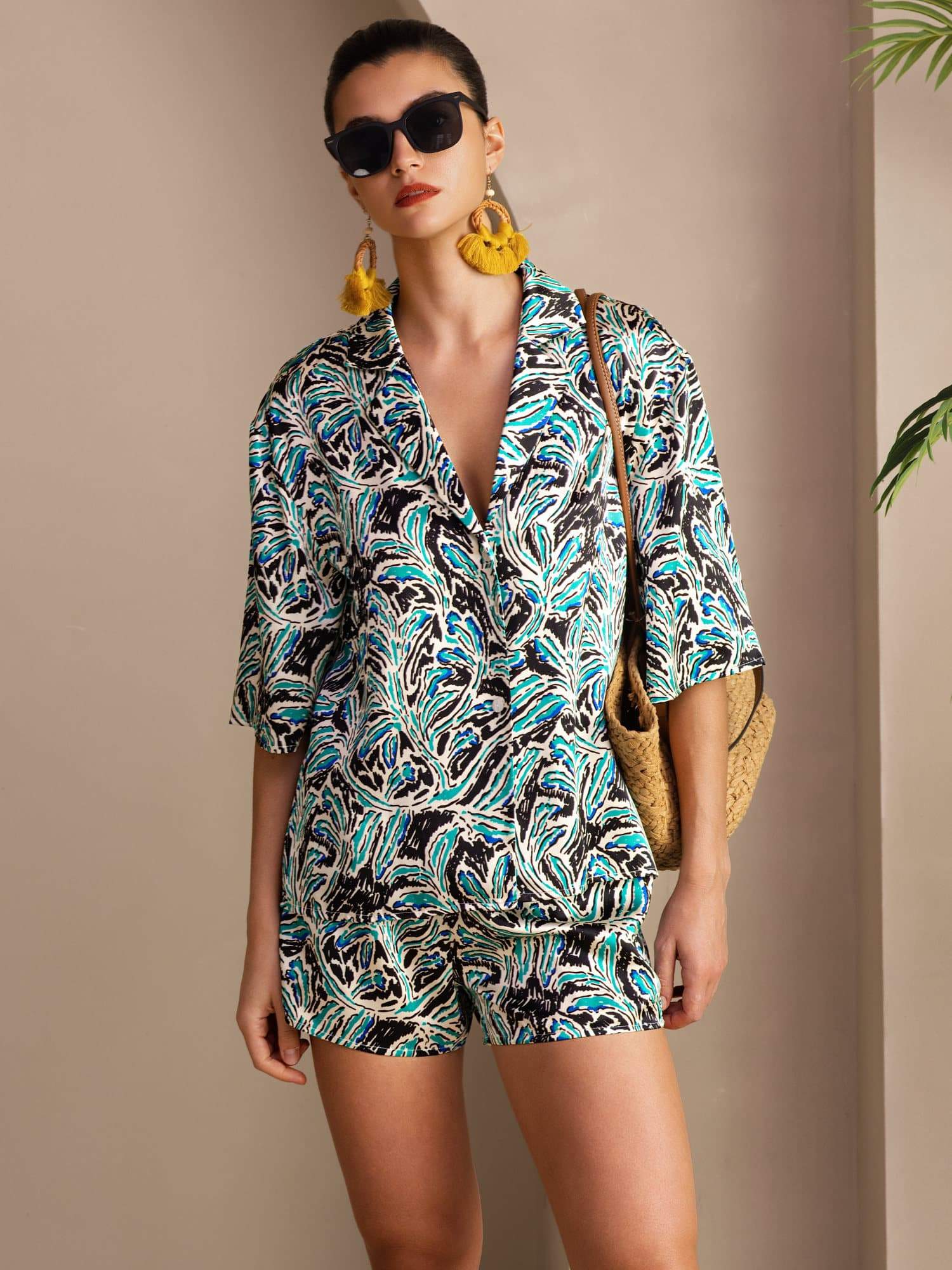 [Teal Botanical] SilkSilky  Half Sleeve Lapel Collar Women's Pajamas 001