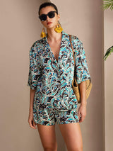 [Teal Botanical] SilkSilky  Half Sleeve Lapel Collar Women's Pajamas 001