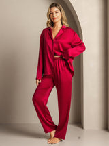 Women's red washable silk pajama set with long sleeves and notch collar