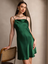 Emerald green silk cowl neck spaghetti strap short dress with straight silhouette