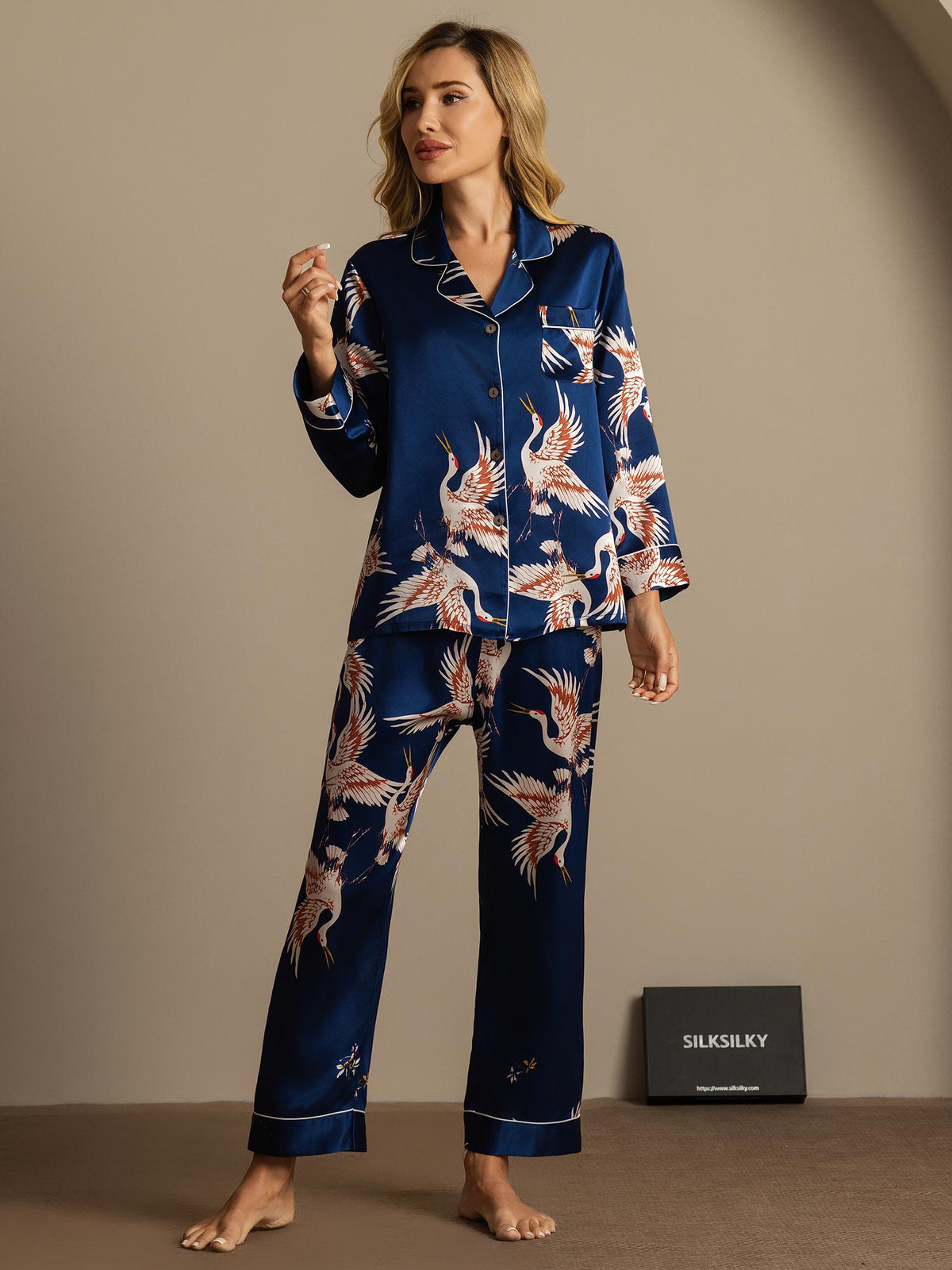 [Dark Blue] SilkSilky  Long Sleeve Lapel Collar Women's Pajamas 002