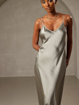 [Grayish Green] SilkSilky  Pure Silk Spaghetti Strap V Neck Dress 003