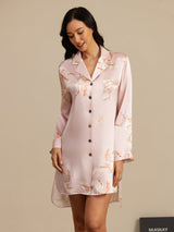 [Pink] SilkSilky  Long Sleeve Lapel Collar Nightshirt 003