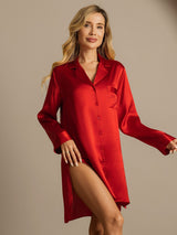 [Red] SilkSilky  Long Sleeve Lapel Collar Nightshirt 003