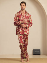 Men's red silk dragon print long sleeve notch collar pajama set