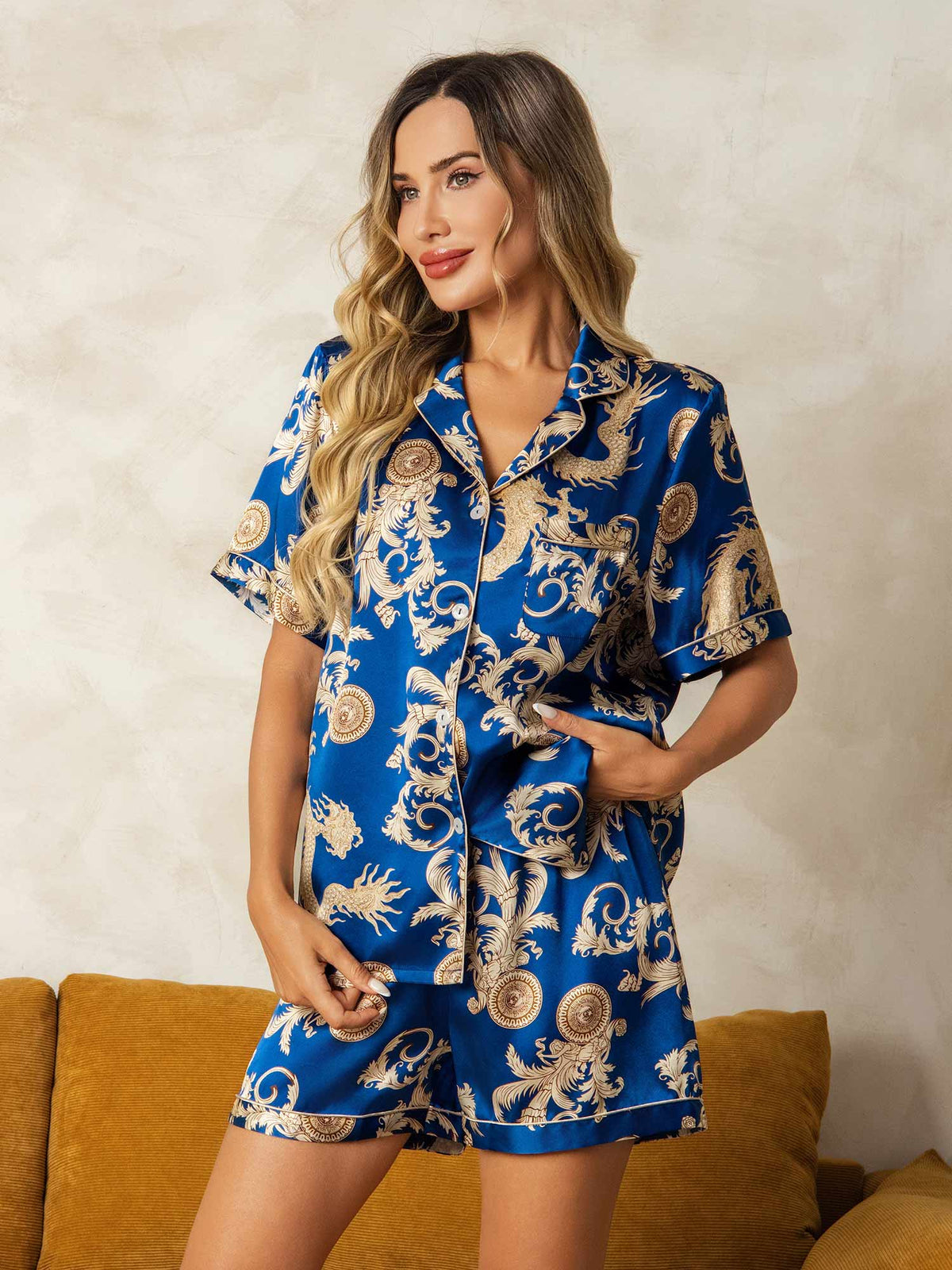 [Navy Dragon] SilkSilky  Short Sleeve Lapel Collar Women's Pajamas 001