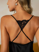 [Black] SilkSilky  Spaghetti Strap Deep V Neck Nightgown 005