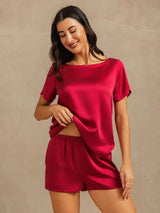 Red silk short sleeve pajama set with round collar and elastic shorts