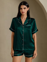 [Dark Green] SilkSilky  Short Sleeve Lapel Collar Women's Pajamas 003