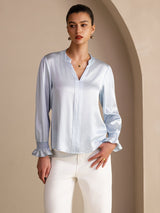 [Sky Blue] SilkSilky  Long Sleeve Split Women's Blouse 001