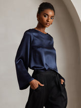 [Dark Blue] SilkSilky  19Momme Stretch Silk Charmeuse Long Sleeve Boat Neck Blouse 001