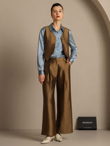 Silk-wool blend high waist wide leg pants with matching vest and blue shirt