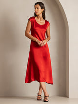 [Wine] SilkSilky  19Momme Stretch Silk Charmeuse Cap Sleeve Scoop Neck Dress 001