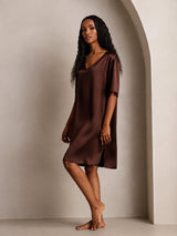 [Brown] SilkSilky  Half Sleeve V Neck Nightgown 007