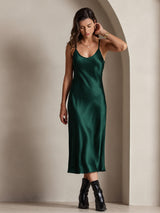 [Dark Green] SilkSilky  Spaghetti Strap V Neck Dress 004