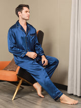 [Dark Blue] SilkSilky  Long Sleeve Lapel Collar Men's Pajamas 003