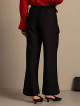 Black silk-wool straight-leg women's pants with elastic waist and side pockets